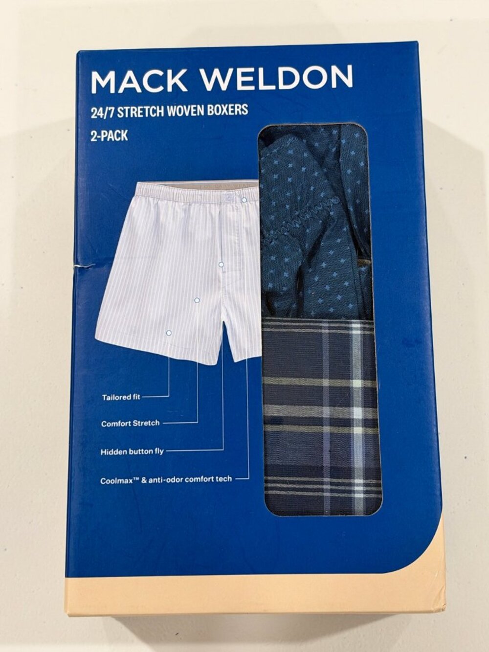 Mack Weldon Boxers Mens XL Blue 2 Pack Stretch Woven Plaid Dobby Coolmax $59